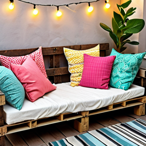 Home 15 **
A cozy balcony scene featuring a rustic sofa made from upcycled wooden pallets. The sofa is adorned with colorful cushions made from repurposed fabrics. Potted plants and string lights add to the inviting atmosphere.
**