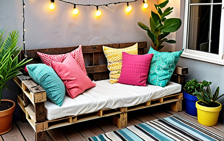 **
A cozy balcony scene featuring a rustic sofa made from upcycled wooden pallets. The sofa is adorned with colorful cushions made from repurposed fabrics. Potted plants and string lights add to the inviting atmosphere.
**