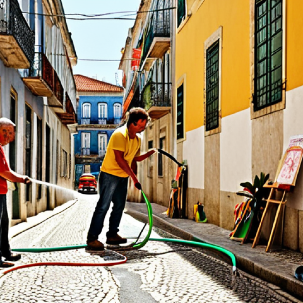 **A vibrant street scene in Lisbon, Portugal, showcasing neighbors interacting and sharing tools. Focus on a friendly, community-oriented atmosphere. Include elements like a drill being exchanged, a garden hose being used collaboratively, and possibly a festive banner promoting "Economia Partilhada DIY." Style: Realistic photography.**