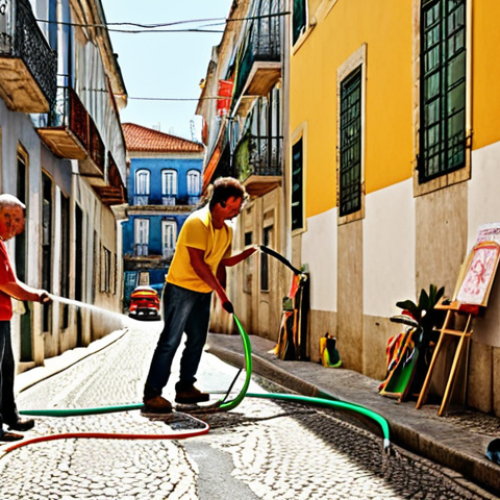 Home 14 **A vibrant street scene in Lisbon, Portugal, showcasing neighbors interacting and sharing tools. Focus on a friendly, community-oriented atmosphere. Include elements like a drill being exchanged, a garden hose being used collaboratively, and possibly a festive banner promoting "Economia Partilhada DIY." Style: Realistic photography.**