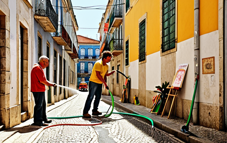 **A vibrant street scene in Lisbon, Portugal, showcasing neighbors interacting and sharing tools. Focus on a friendly, community-oriented atmosphere. Include elements like a drill being exchanged, a garden hose being used collaboratively, and possibly a festive banner promoting "Economia Partilhada DIY." Style: Realistic photography.**