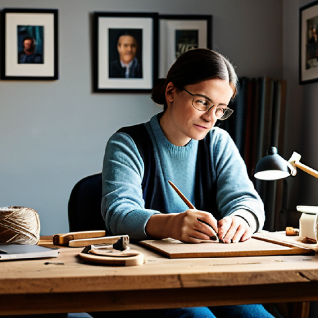 A thoughtful artisan, gender-neutral, in a natural pose, fully clothed in comfortable, modest professional attire, seated at a wooden desk in a cozy home studio. A laptop screen in the foreground subtly reflects a cluttered feed of unrelated content (e.g., generic memes, vacation photos) on their face, conveying a sense of slight frustration and determination. Handmade craft tools (yarn, small wood pieces, brushes) are neatly arranged on the desk. Professional photography, high detail, sharp focus, soft natural lighting. Perfect anatomy, correct proportions, natural body proportions, well-formed hands, proper finger count, natural pose, safe for work, appropriate content, fully clothed, professional, modest, family-friendly.