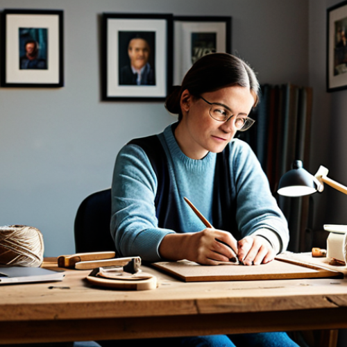 Home 7 A thoughtful artisan, gender-neutral, in a natural pose, fully clothed in comfortable, modest professional attire, seated at a wooden desk in a cozy home studio. A laptop screen in the foreground subtly reflects a cluttered feed of unrelated content (e.g., generic memes, vacation photos) on their face, conveying a sense of slight frustration and determination. Handmade craft tools (yarn, small wood pieces, brushes) are neatly arranged on the desk. Professional photography, high detail, sharp focus, soft natural lighting. Perfect anatomy, correct proportions, natural body proportions, well-formed hands, proper finger count, natural pose, safe for work, appropriate content, fully clothed, professional, modest, family-friendly.