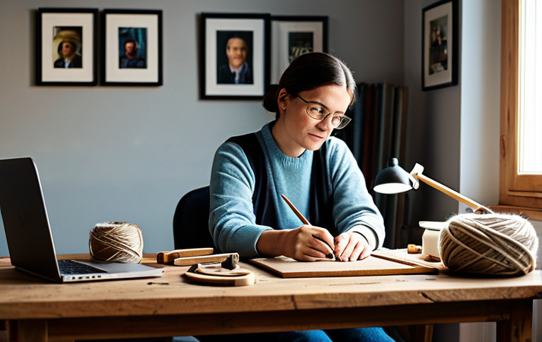 A thoughtful artisan, gender-neutral, in a natural pose, fully clothed in comfortable, modest professional attire, seated at a wooden desk in a cozy home studio. A laptop screen in the foreground subtly reflects a cluttered feed of unrelated content (e.g., generic memes, vacation photos) on their face, conveying a sense of slight frustration and determination. Handmade craft tools (yarn, small wood pieces, brushes) are neatly arranged on the desk. Professional photography, high detail, sharp focus, soft natural lighting. Perfect anatomy, correct proportions, natural body proportions, well-formed hands, proper finger count, natural pose, safe for work, appropriate content, fully clothed, professional, modest, family-friendly.