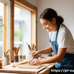 DIY 제작을 위한 콘텐츠 제작 팁 - **Prompt:** A young adult, female or male, with a warm and genuine smile, passionately working on a ...
