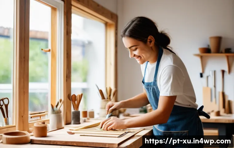 DIY 제작을 위한 콘텐츠 제작 팁 - **Prompt:** A young adult, female or male, with a warm and genuine smile, passionately working on a ...