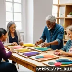 DIY 제작 커뮤니티의 소셜미디어 활용 - A diverse group of enthusiastic DIY community members gathered around a large wooden table in a cozy...