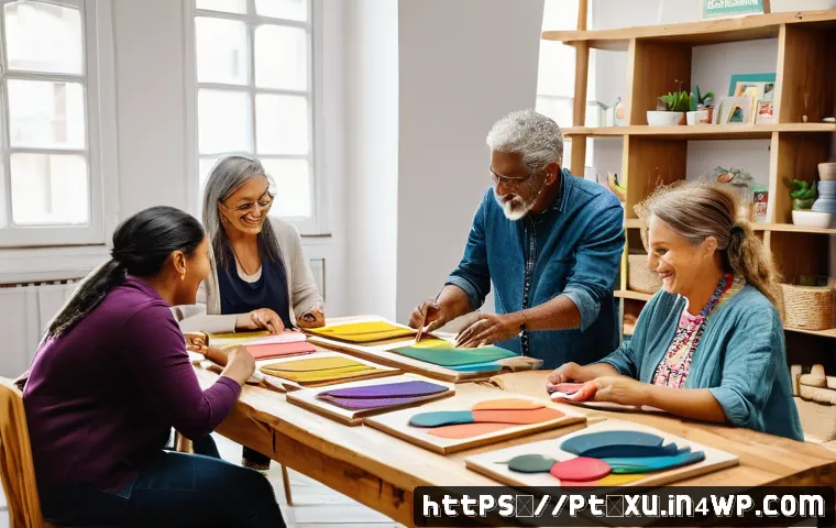 DIY 제작 커뮤니티의 소셜미디어 활용 - A diverse group of enthusiastic DIY community members gathered around a large wooden table in a cozy...