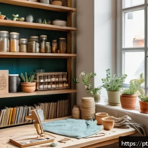 DIY 커뮤니티의 인기 주제 분석 - A cozy DIY craft workspace in a small urban apartment, featuring a neatly organized wooden table wit...