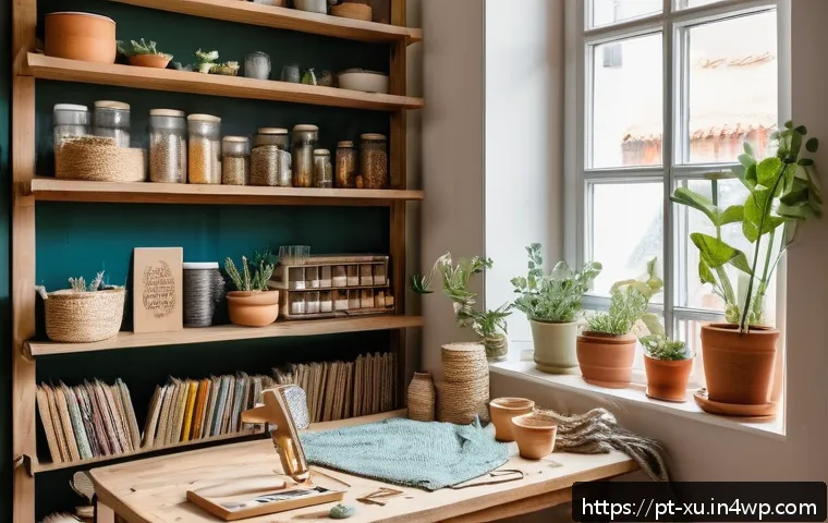 DIY 커뮤니티의 인기 주제 분석 - A cozy DIY craft workspace in a small urban apartment, featuring a neatly organized wooden table wit...